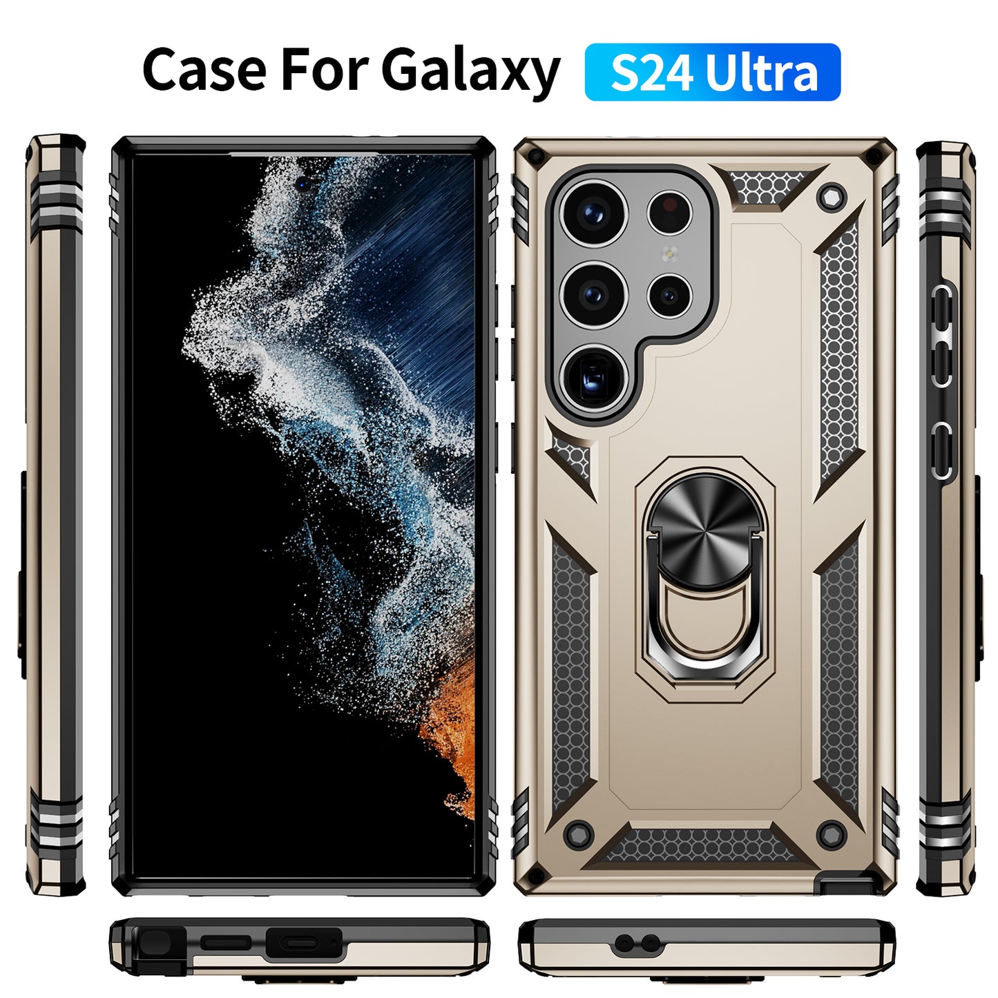 For Samsung Galaxy S24 Ultra Case TPU+PC Ring Kickstand Phone Back Shell - Gold