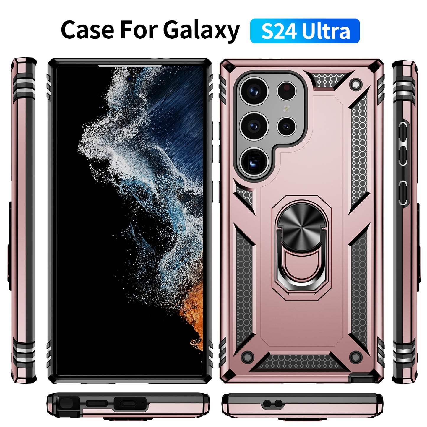 For Samsung Galaxy S24 Ultra Case TPU+PC Ring Kickstand Phone Back Shell - Rose Gold