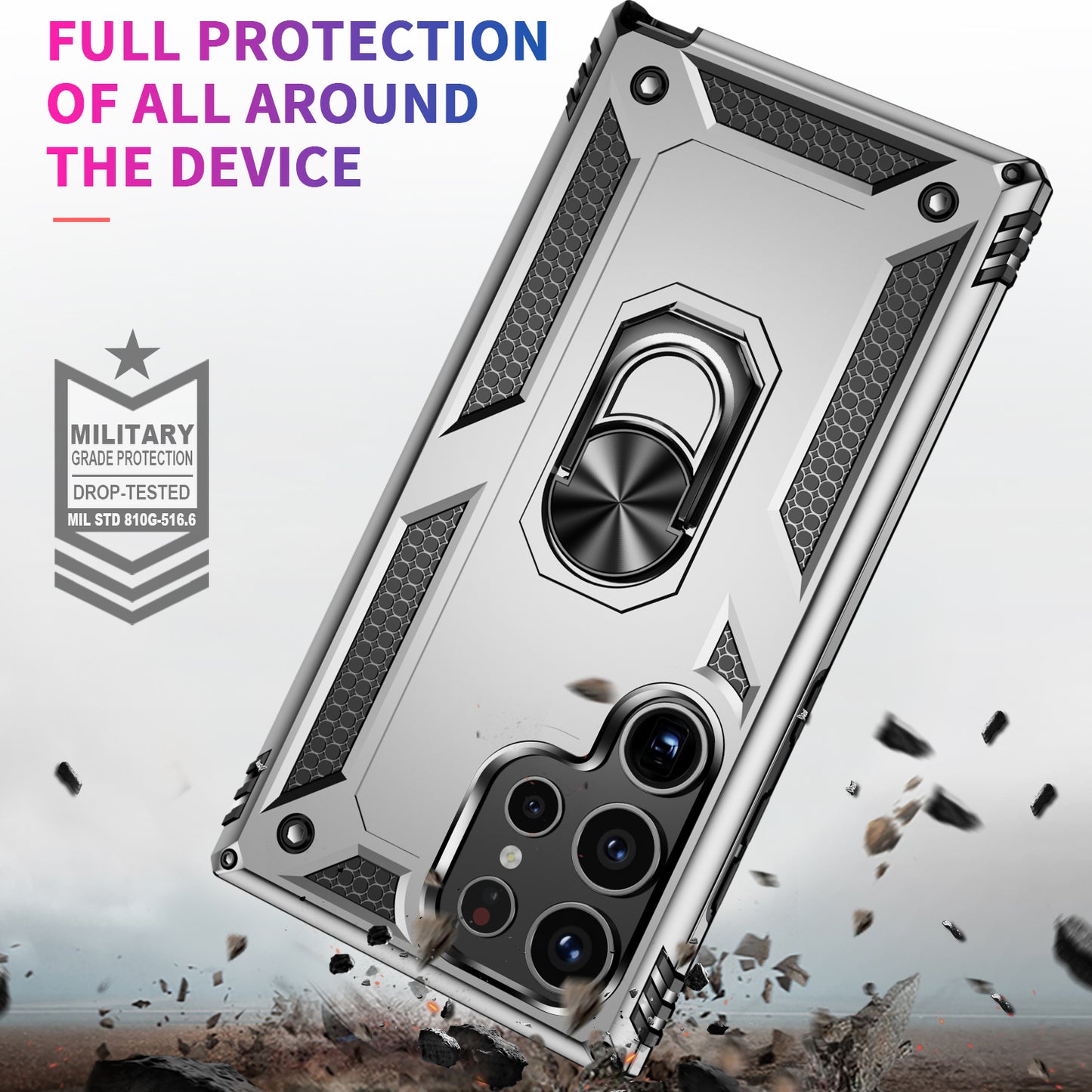 For Samsung Galaxy S24 Ultra Case TPU+PC Ring Kickstand Phone Back Shell - Silver