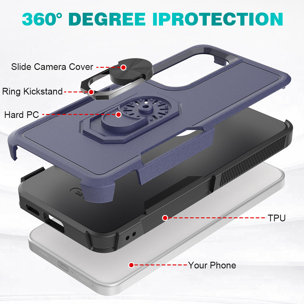 For Samsung Galaxy S24 Case Hybrid PC+TPU Metal Ring Kickstand Phone Protector - Dark Blue