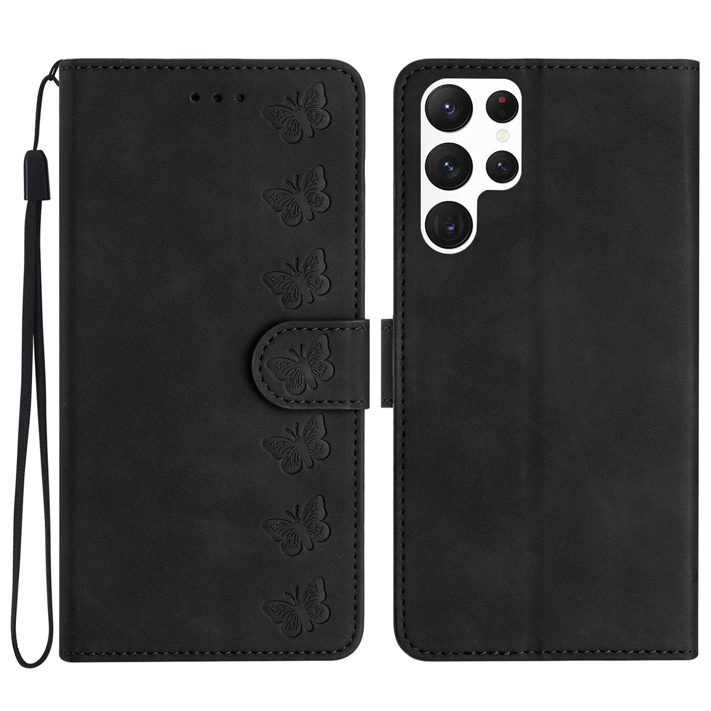 For Samsung Galaxy S24 Ultra Case PU Leather Wallet Imprinted Butterfly Stand Phone Cover - Black