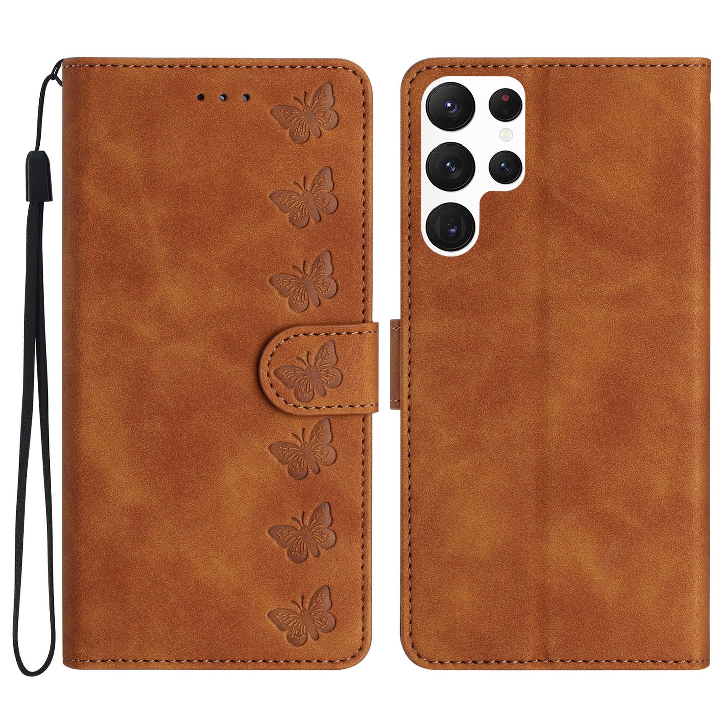For Samsung Galaxy S24 Ultra Case PU Leather Wallet Imprinted Butterfly Stand Phone Cover - Brown