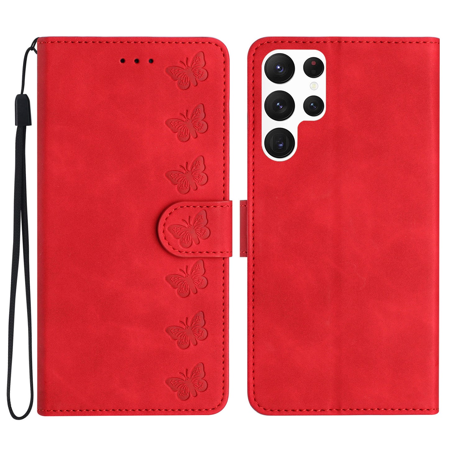 For Samsung Galaxy S24 Ultra Case PU Leather Wallet Imprinted Butterfly Stand Phone Cover - Red