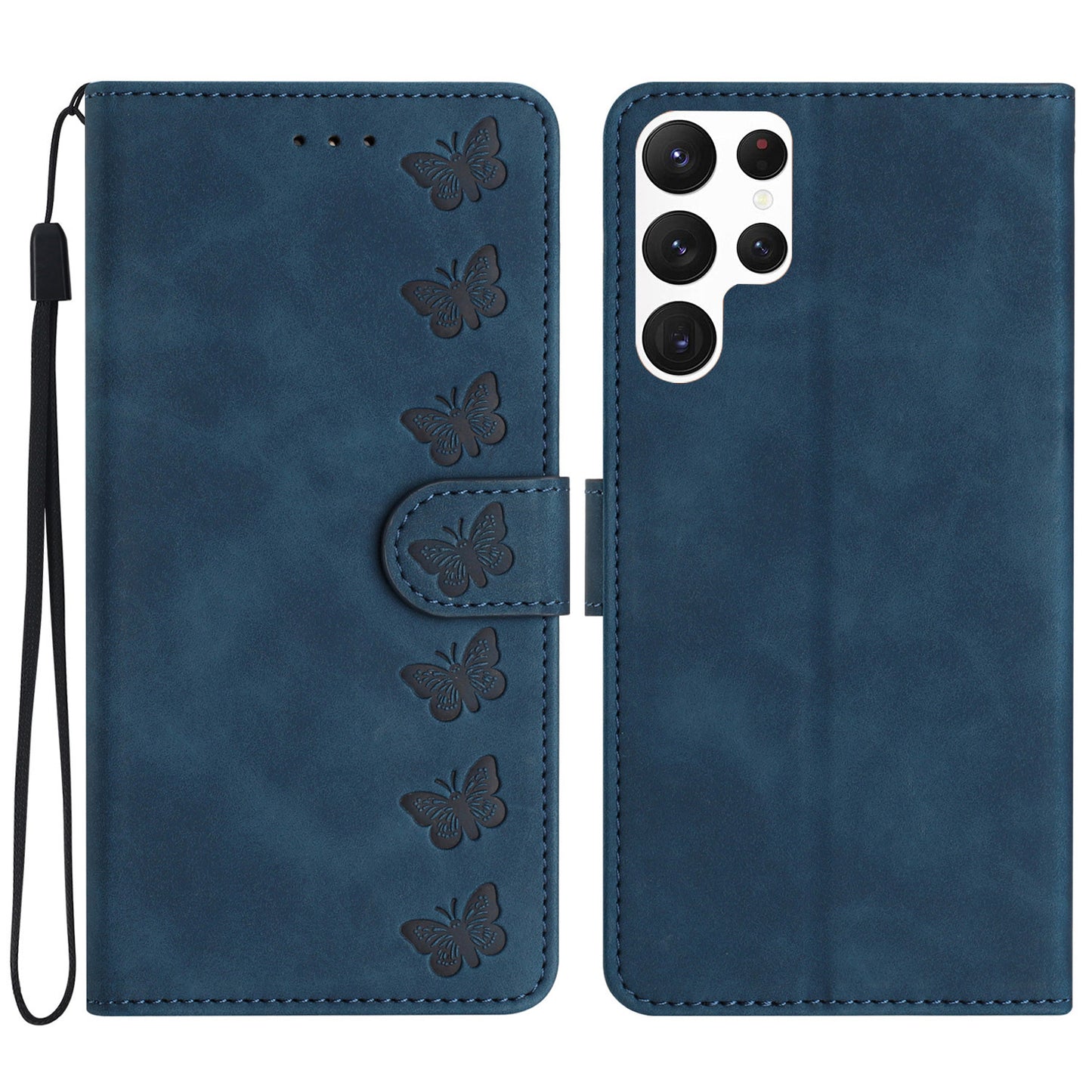 For Samsung Galaxy S24 Ultra Case PU Leather Wallet Imprinted Butterfly Stand Phone Cover - Blue