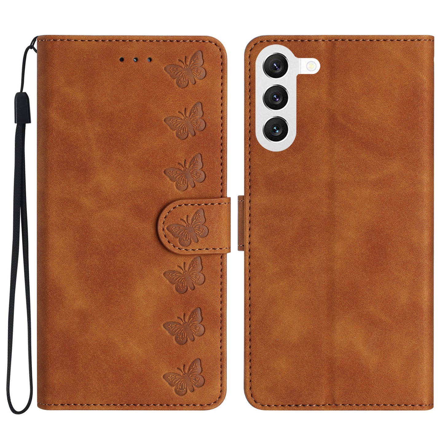 For Samsung Galaxy S24+ Case Wallet Stand Phone Cover Imprinted Butterfly PU Leather Phone Shell - Brown