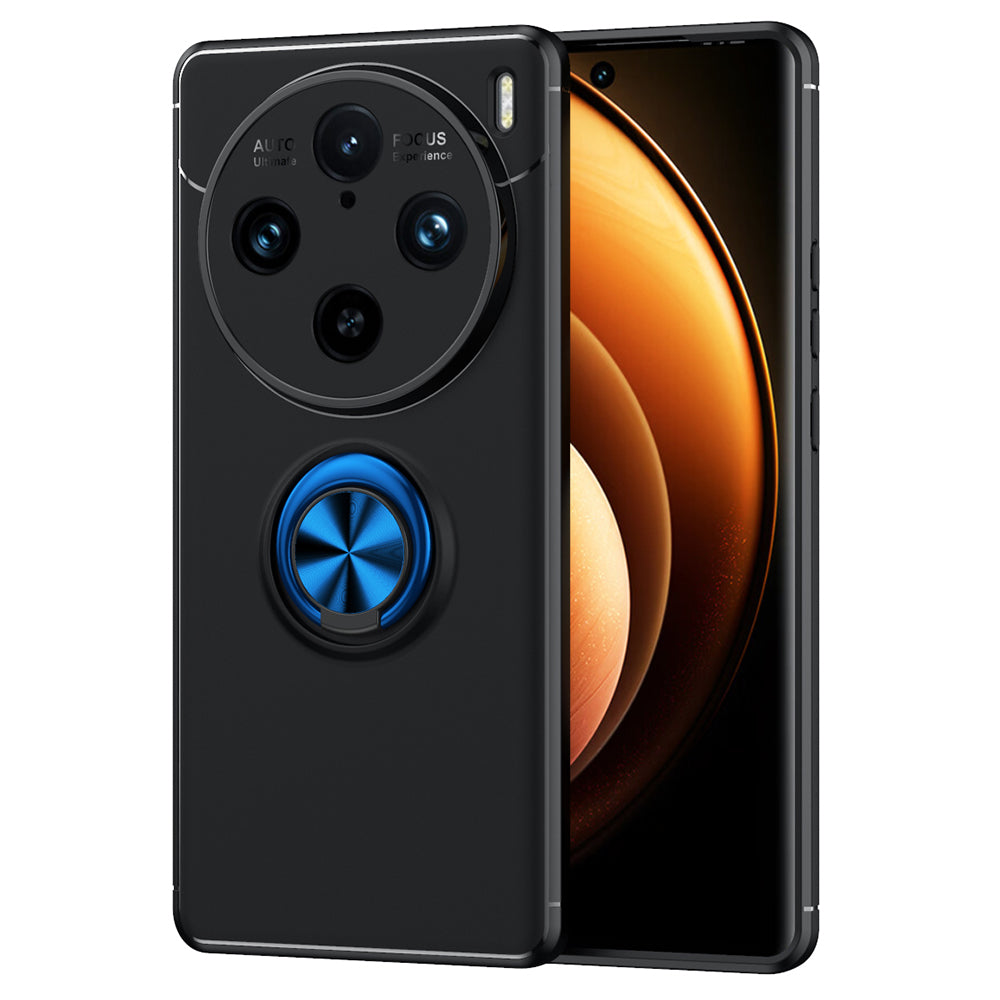 For vivo X100 Pro 5G Case Flexible TPU Phone Protective Cover with Ring Kickstand - Black / Blue