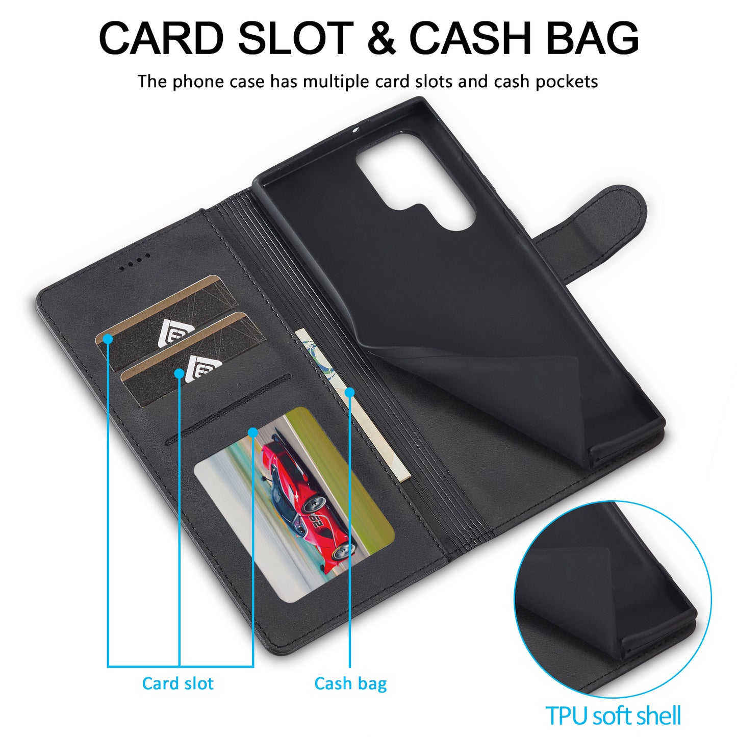 LC.IMEEKE For Samsung Galaxy S24 Ultra Case Drop-resistant Stand Leather Phone Shell Cover - Black