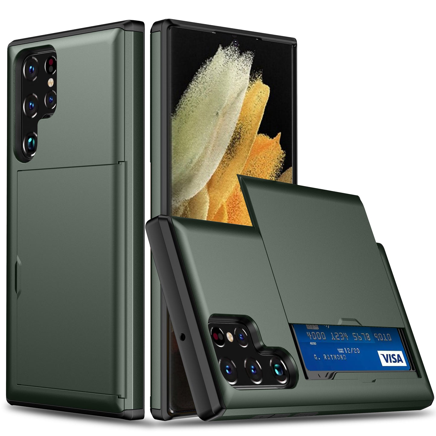 For Samsung Galaxy S24 Ultra Case TPU+PC Phone Cover with Card Holder - Army Green