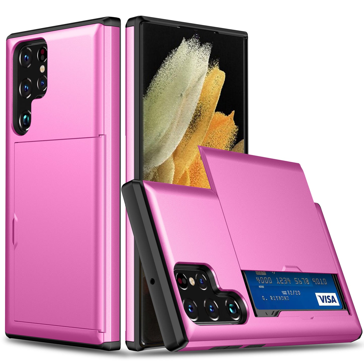For Samsung Galaxy S24 Ultra Case TPU+PC Phone Cover with Card Holder - Pink