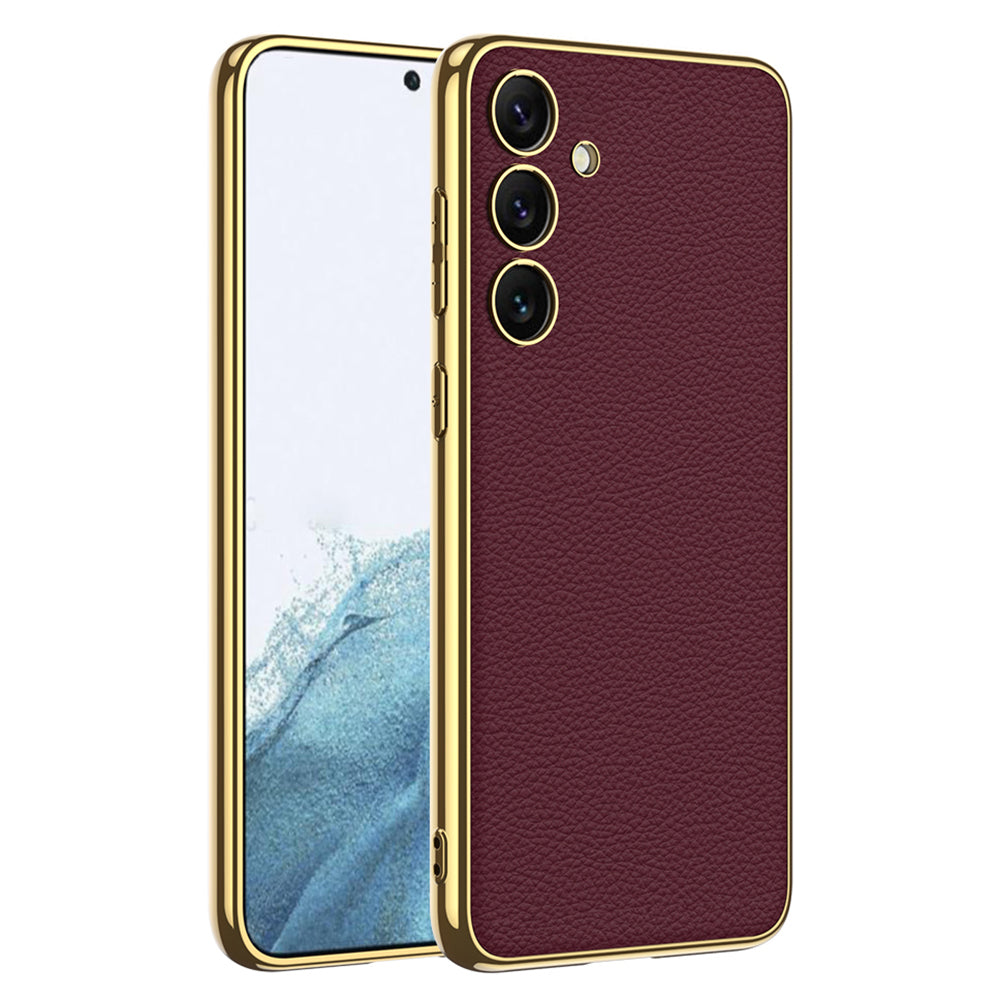 GKK for Samsung Galaxy S24+ Case Electroplating Leather Coated TPU Frame PC Back Cover - Wine Red