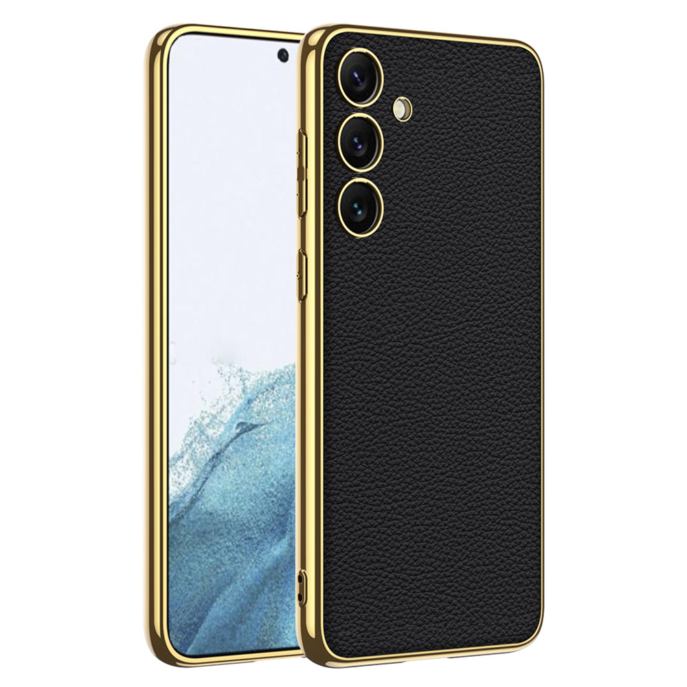 GKK for Samsung Galaxy S24+ Case Electroplating Leather Coated TPU Frame PC Back Cover - Black