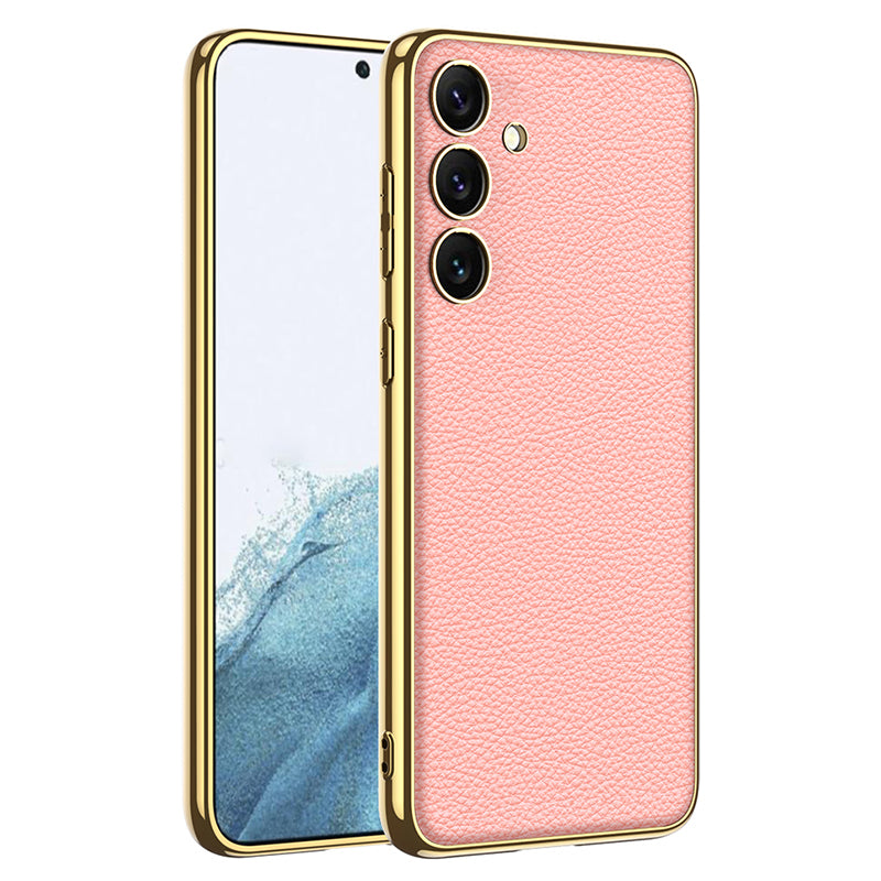 GKK for Samsung Galaxy S24+ Case Electroplating Leather Coated TPU Frame PC Back Cover - Pink