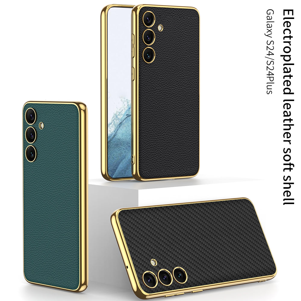 GKK for Samsung Galaxy S24+ Case Electroplating Leather Coated TPU Frame PC Back Cover - Carbon Fiber Texture