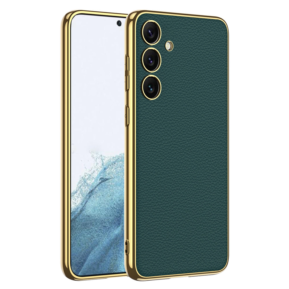 GKK for Samsung Galaxy S24 Case Electroplating TPU Frame PC + Leather Phone Back Cover - Green