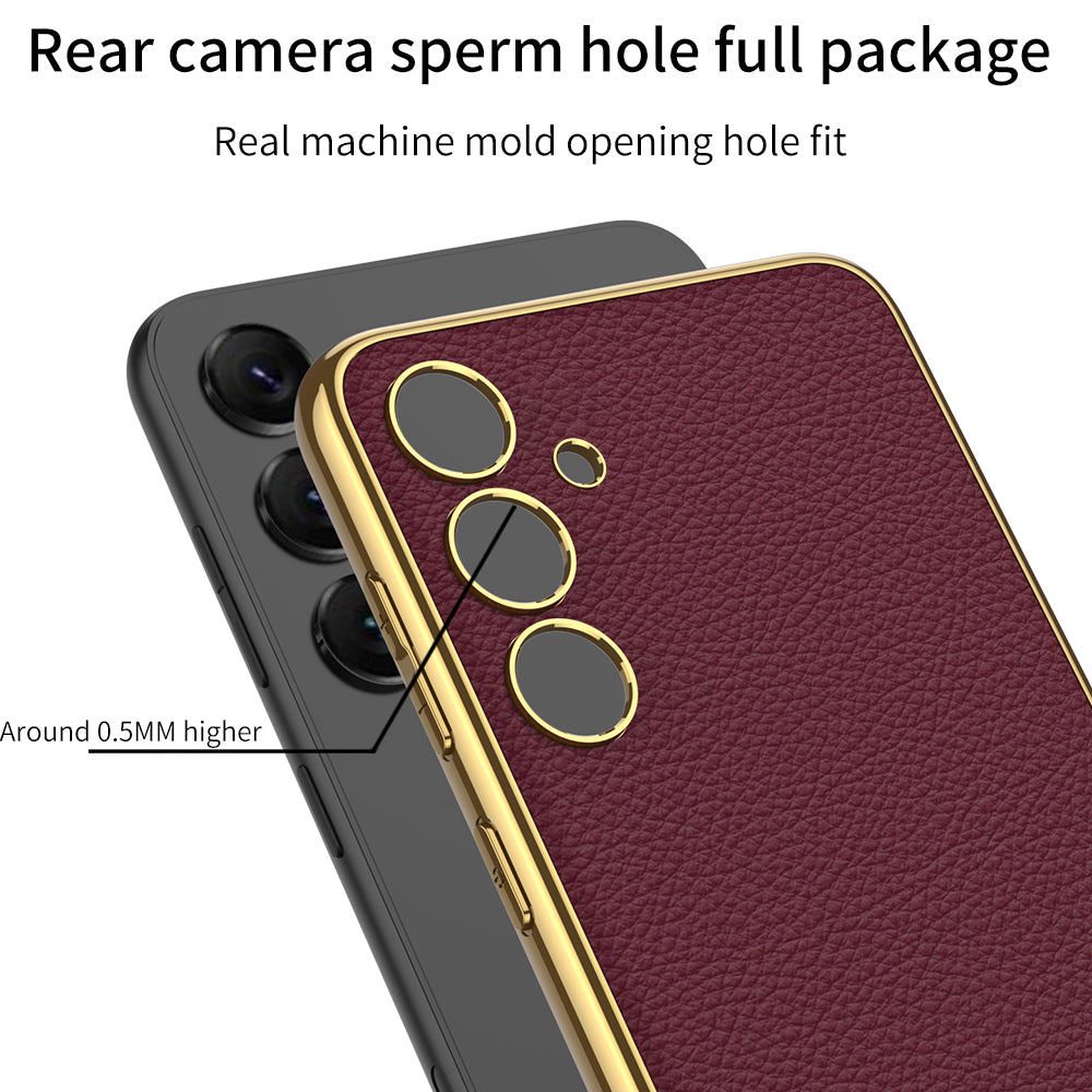 GKK for Samsung Galaxy S24 Case Electroplating TPU Frame PC + Leather Phone Back Cover - Wine Red