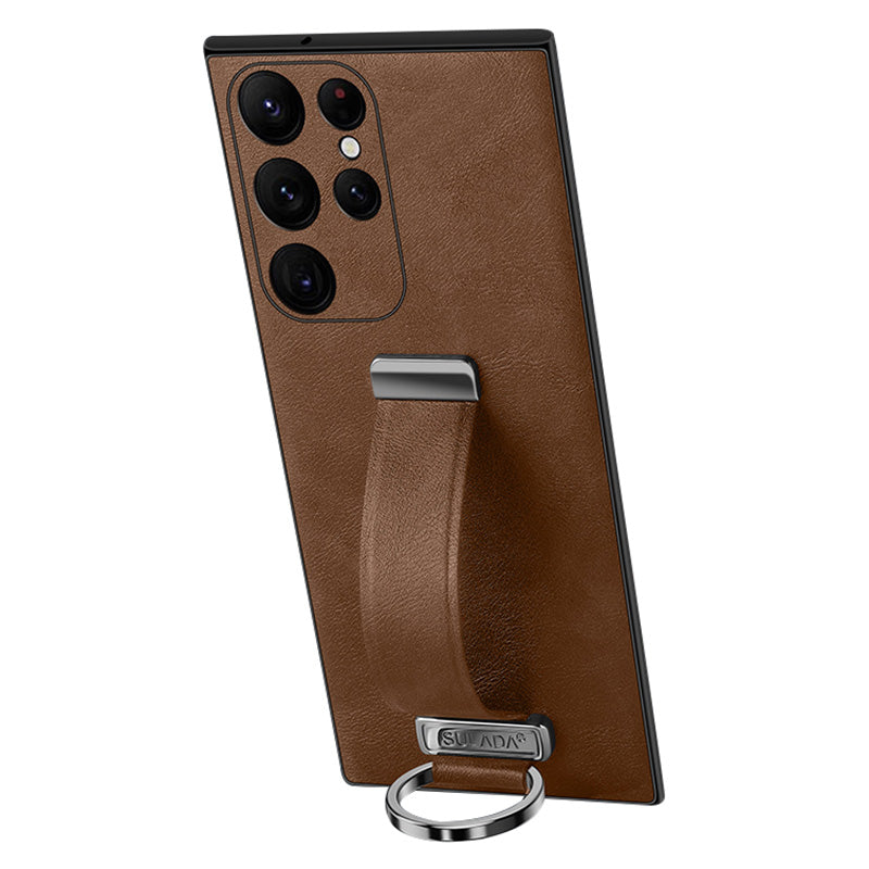 SULADA Fashion Series for Samsung Galaxy S24 Ultra Phone Case Anti-fall Retractable Hand Strap Cover - Brown