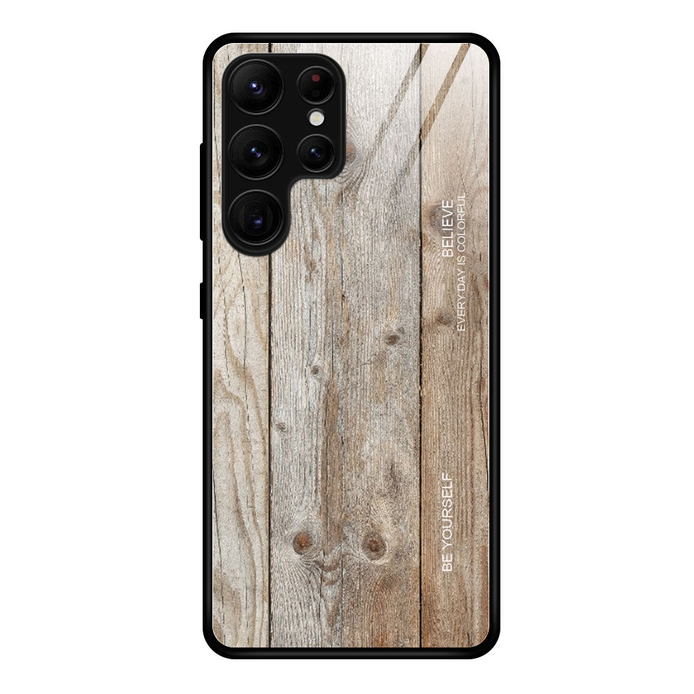 For Samsung Galaxy S24 Ultra Case Wood Texture Tempered Glass TPU Protective Phone Case - Grey