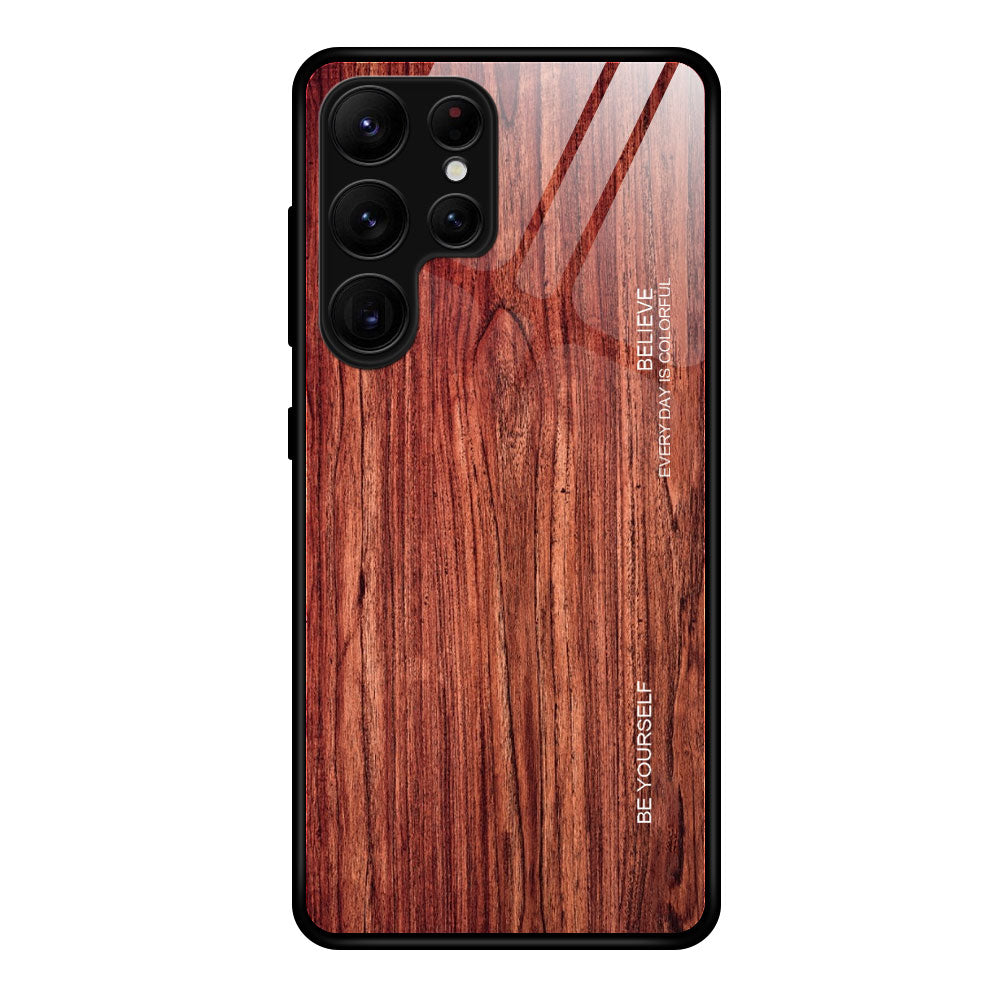 For Samsung Galaxy S24 Ultra Case Wood Texture Tempered Glass TPU Protective Phone Case - Wine Red