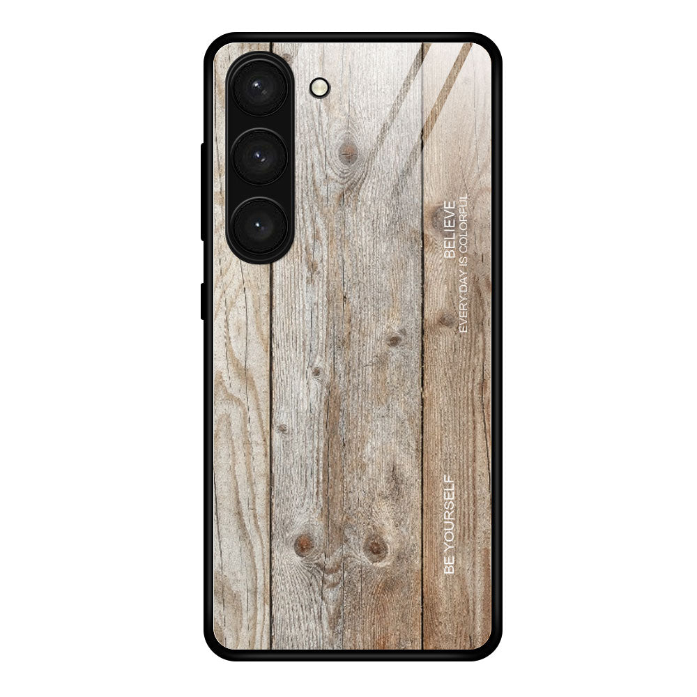 For Samsung Galaxy S24+ Protective Case Wood Texture Tempered Glass TPU Frame Phone Cover - Grey