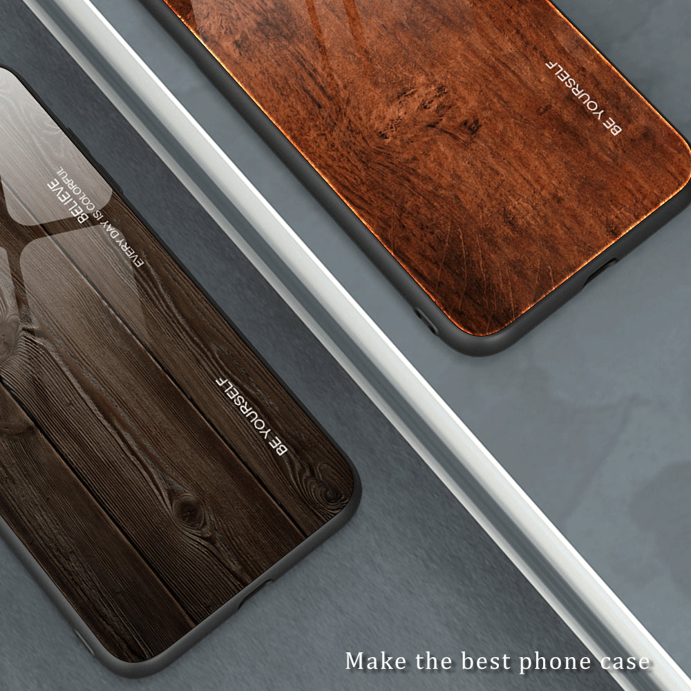 For Samsung Galaxy S24 Case Wood Texture Tempered Glass+TPU Anti-Drop Phone Case - Orange