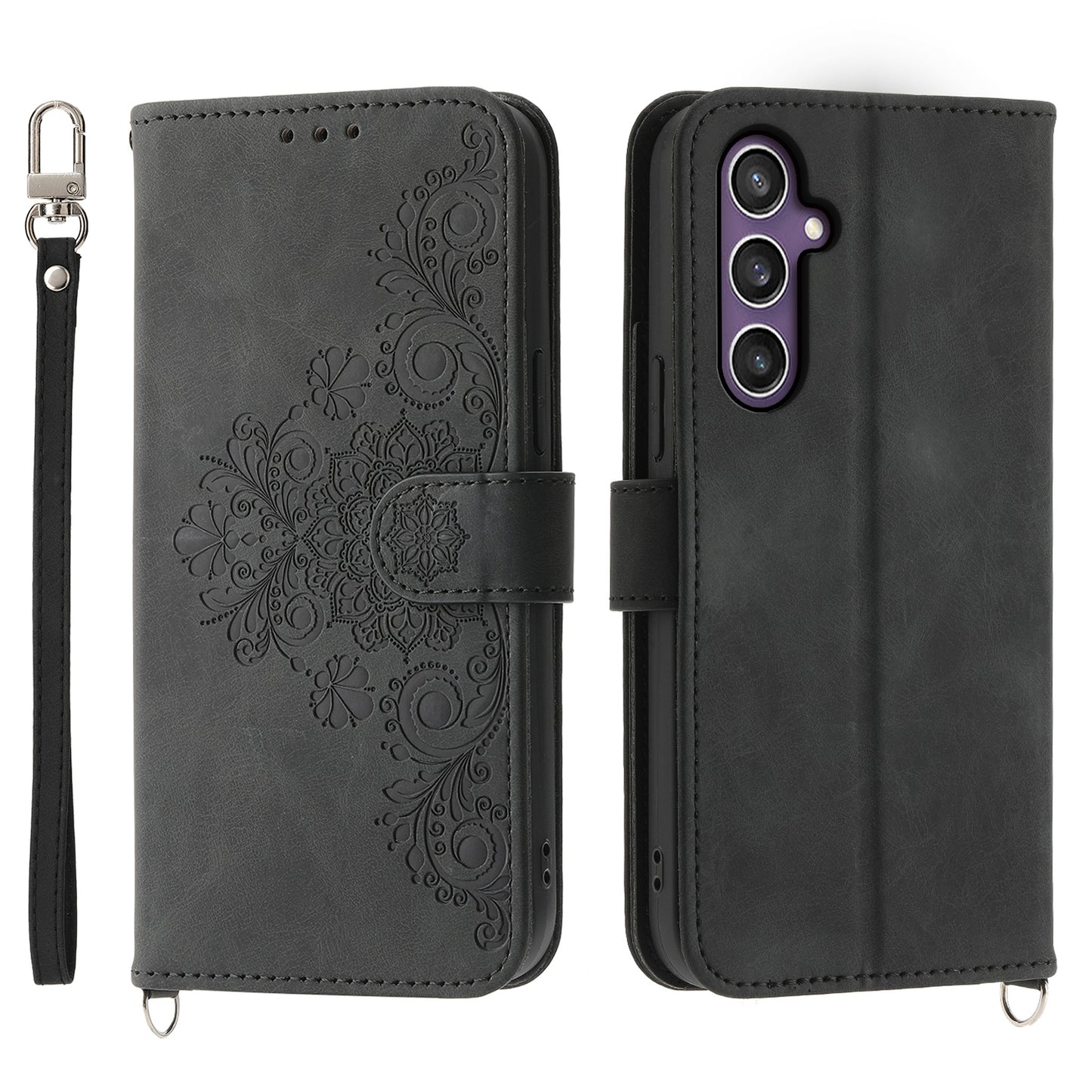 For Samsung Galaxy S24 Case Multiple Card Slots Leather Stand Cover with Straps - Black