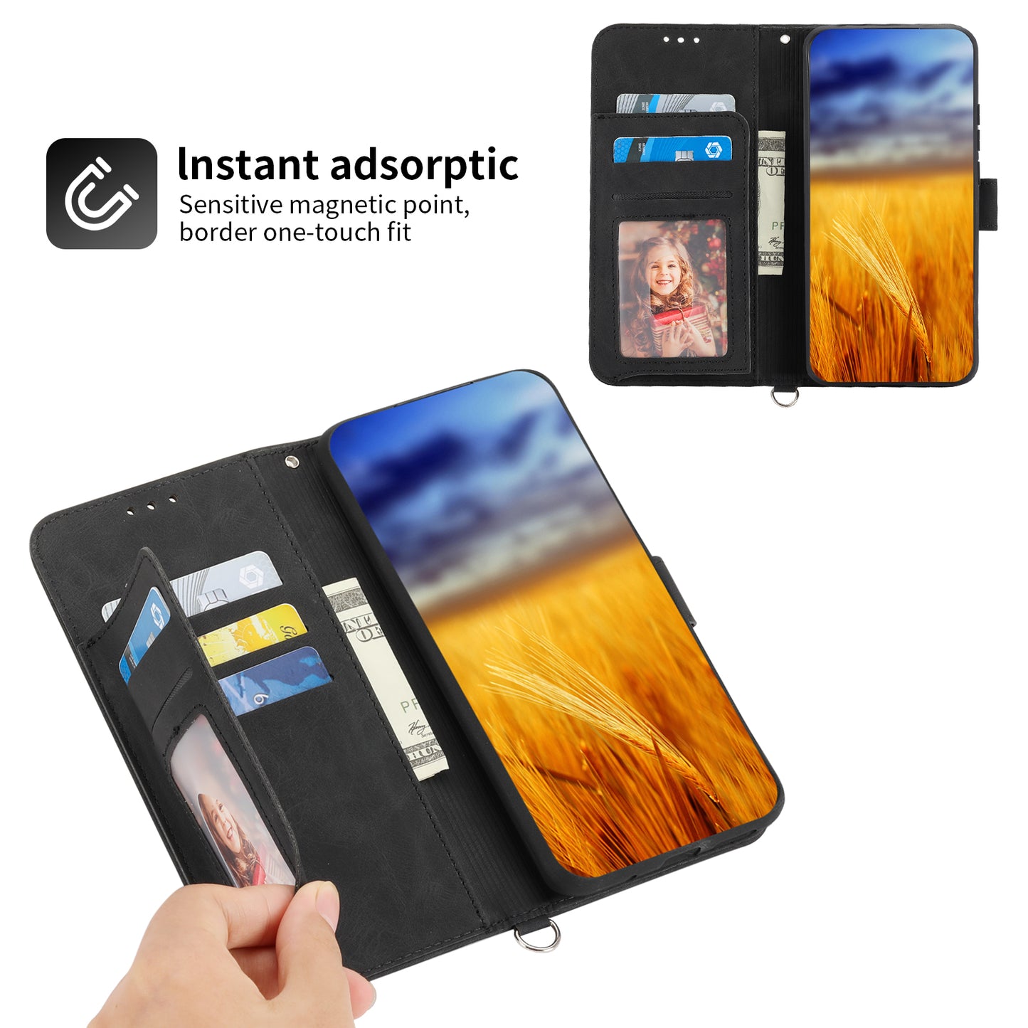 For Samsung Galaxy S24 Case Multiple Card Slots Leather Stand Cover with Straps - Black