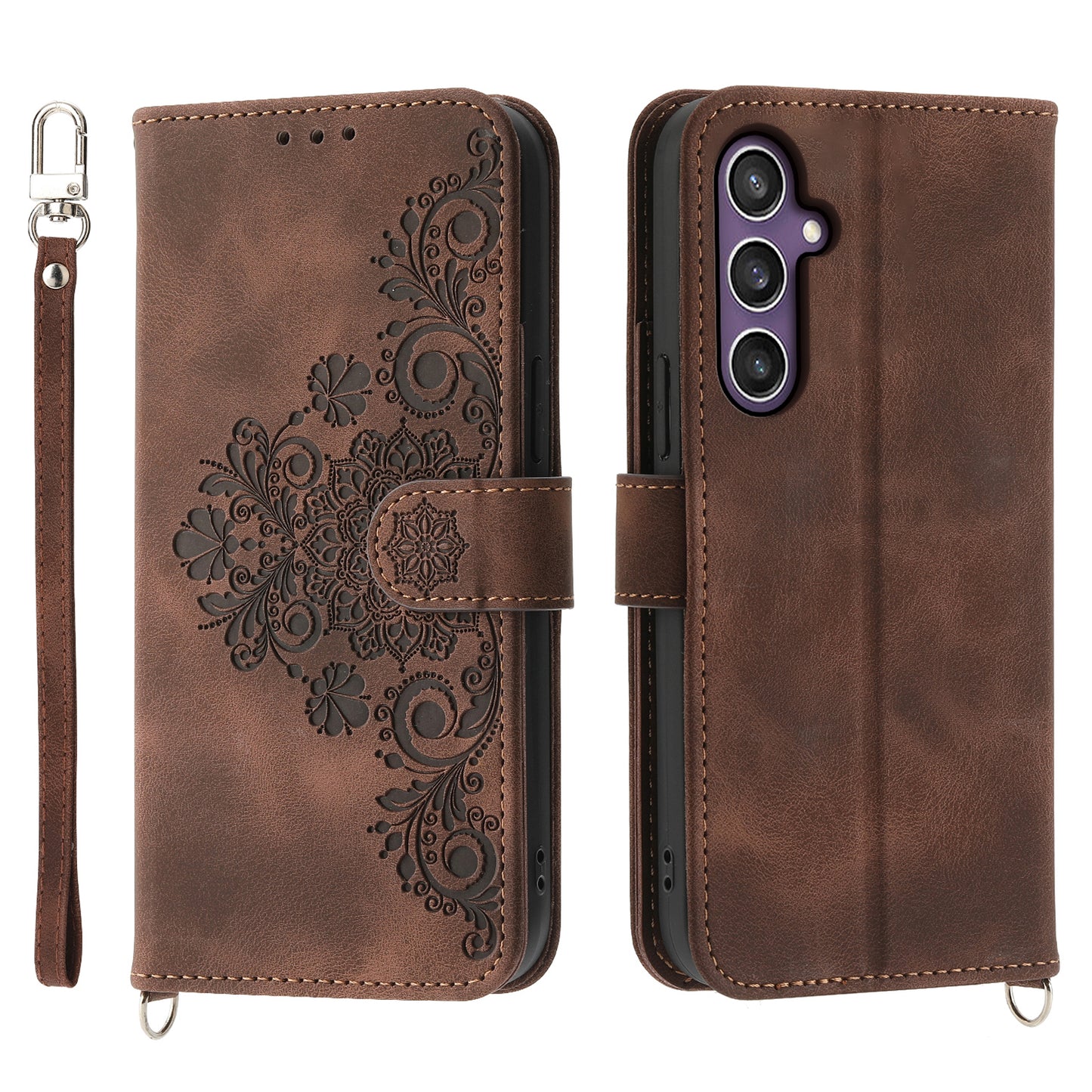 For Samsung Galaxy S24 Case Multiple Card Slots Leather Stand Cover with Straps - Brown