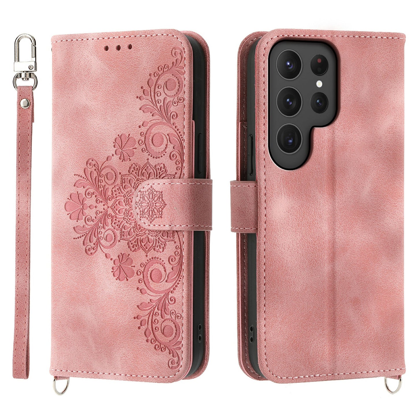 For Samsung Galaxy S24 Ultra Case Skin-touch Wallet Stand Leather Cover with Straps - Pink