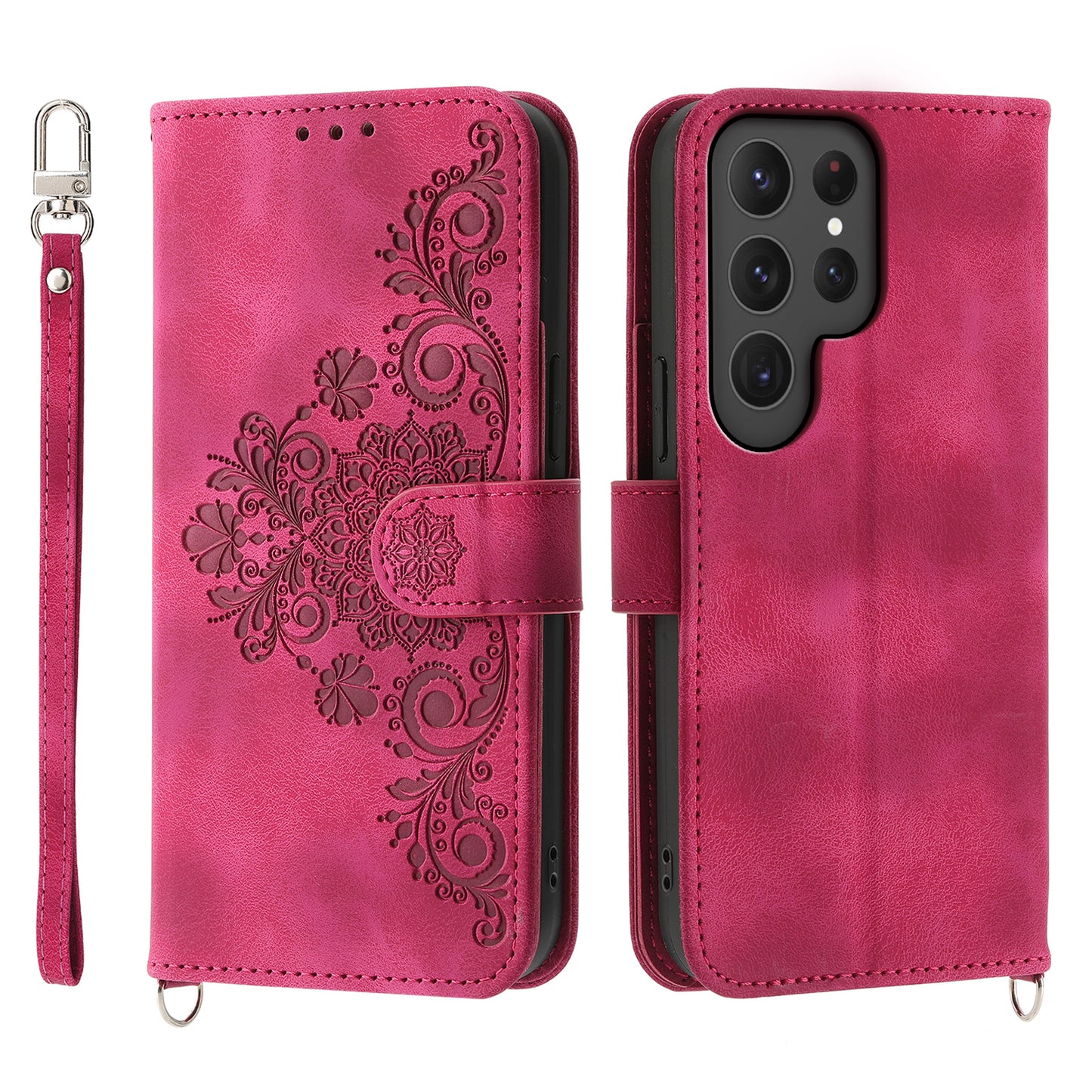 For Samsung Galaxy S24 Ultra Case Skin-touch Wallet Stand Leather Cover with Straps - Wine Red
