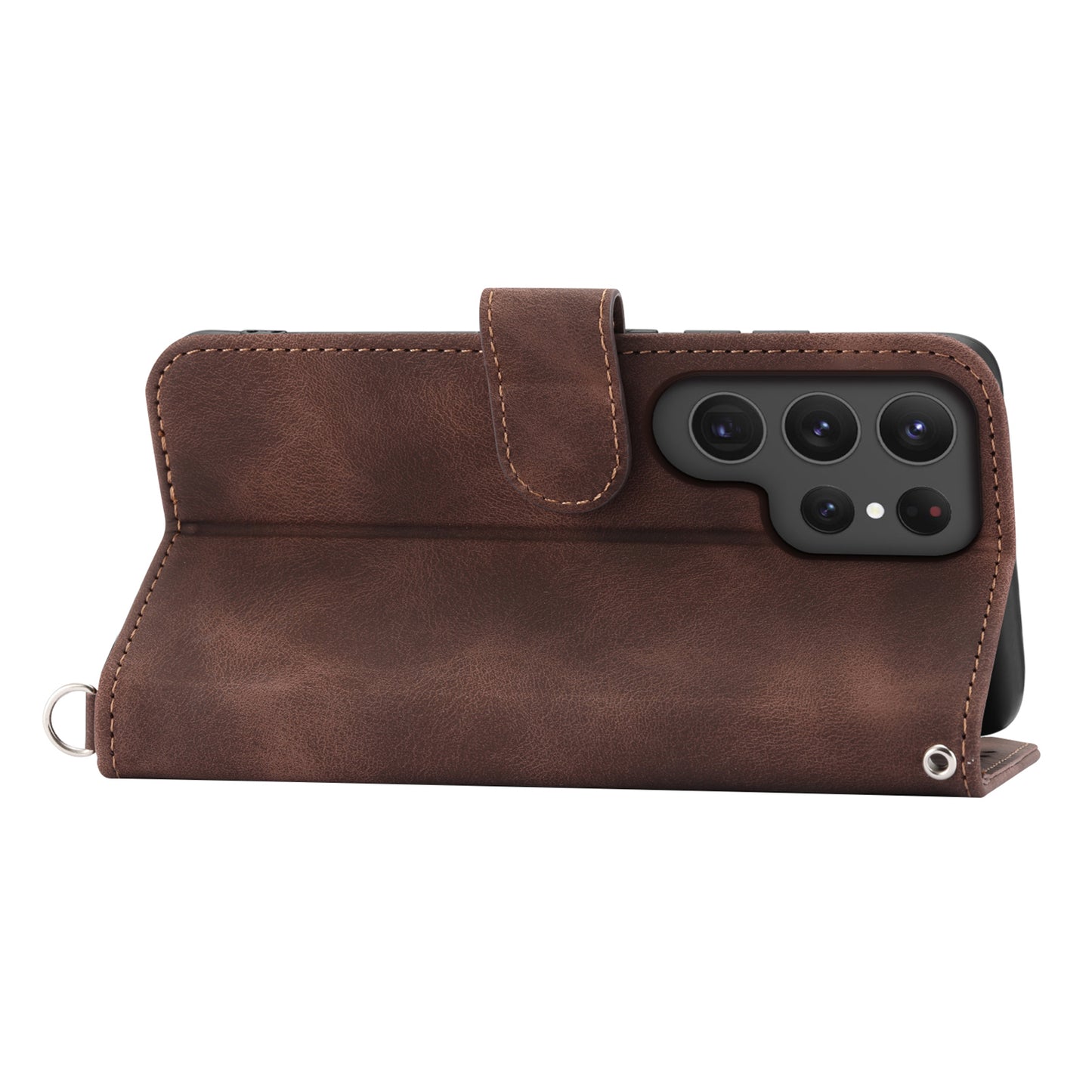 For Samsung Galaxy S24 Ultra Case Skin-touch Wallet Stand Leather Cover with Straps - Brown