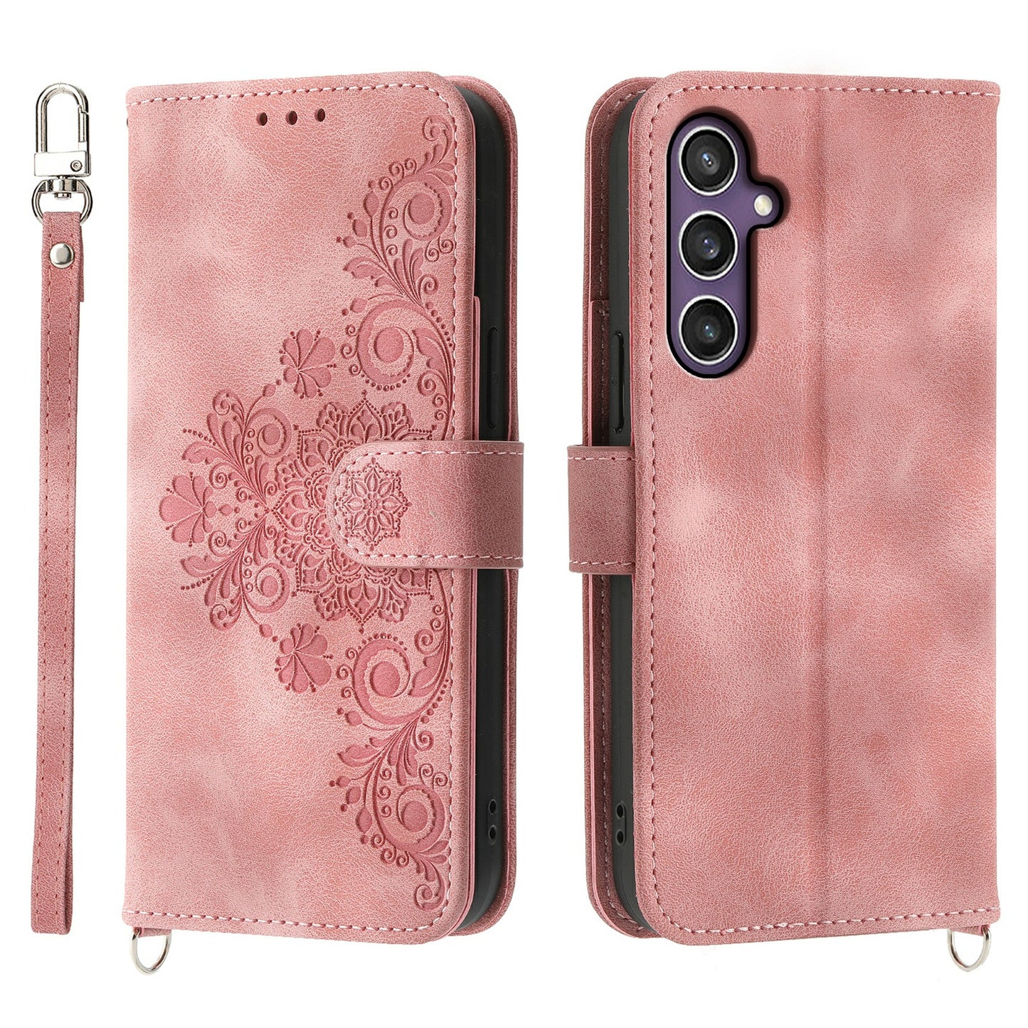 For Samsung Galaxy S24+ Case Multiple Card Slots Leather Wallet Cover with Straps - Pink
