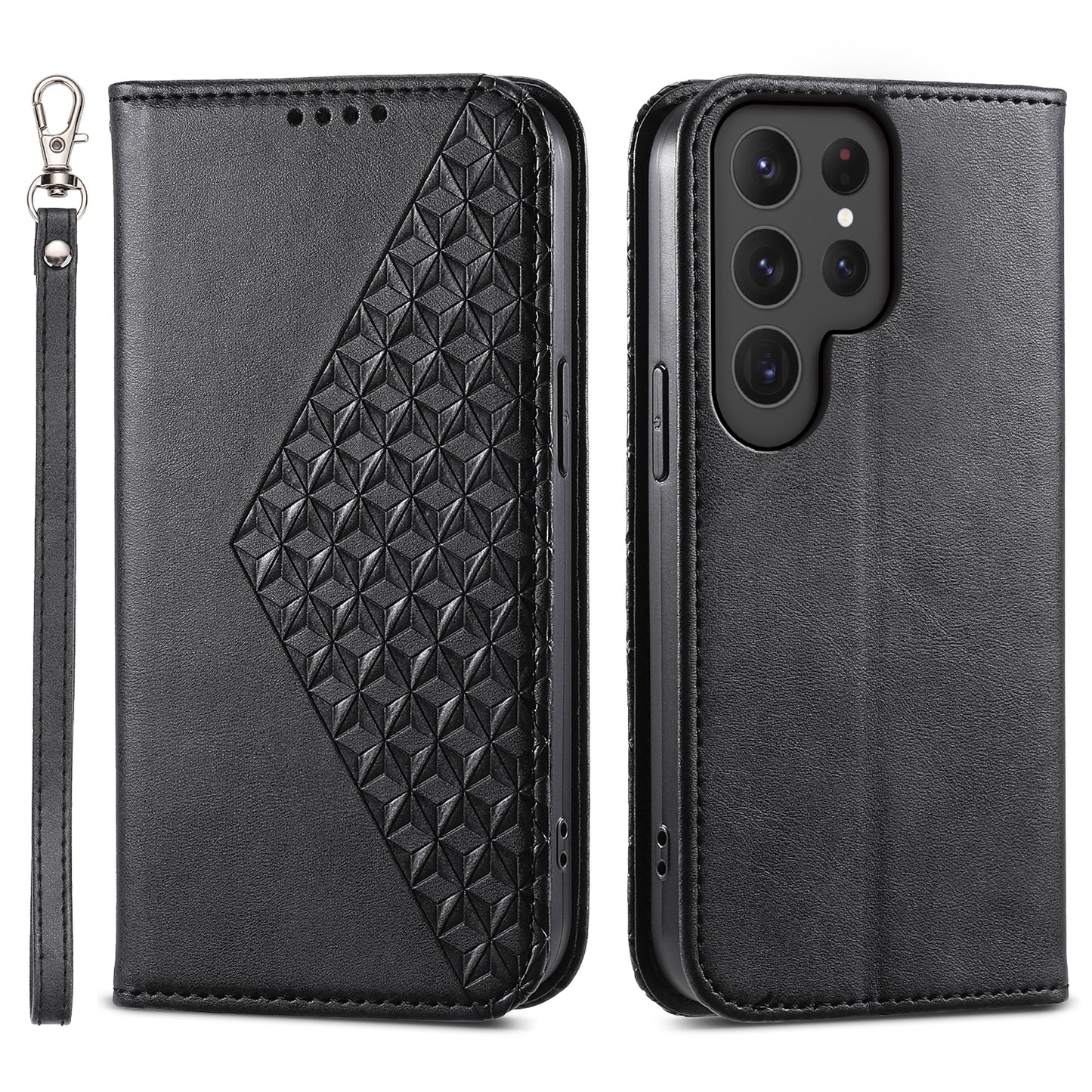 For Samsung Galaxy S24 Ultra Case Imprinted PU Leather+TPU Cell Phone Wallet Cover - Black