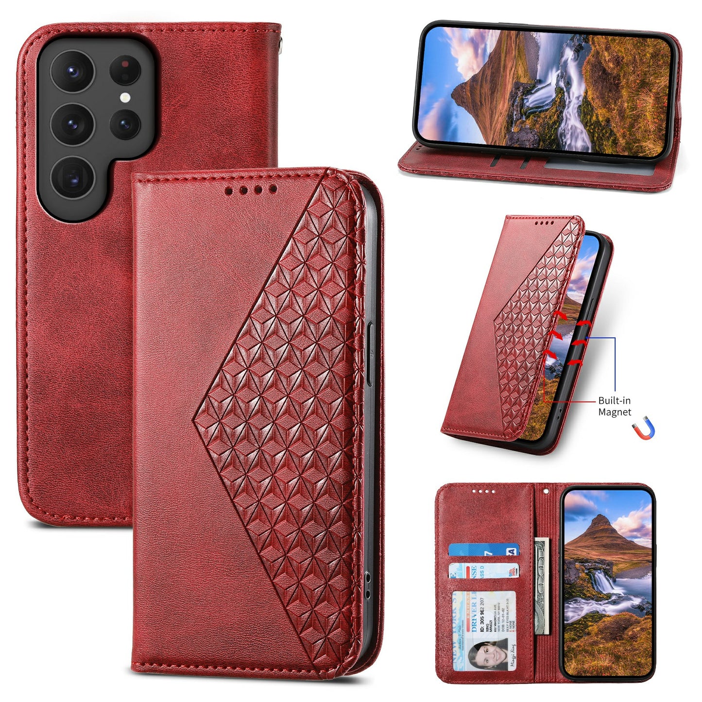 For Samsung Galaxy S24 Ultra Case Imprinted PU Leather+TPU Cell Phone Wallet Cover - Red