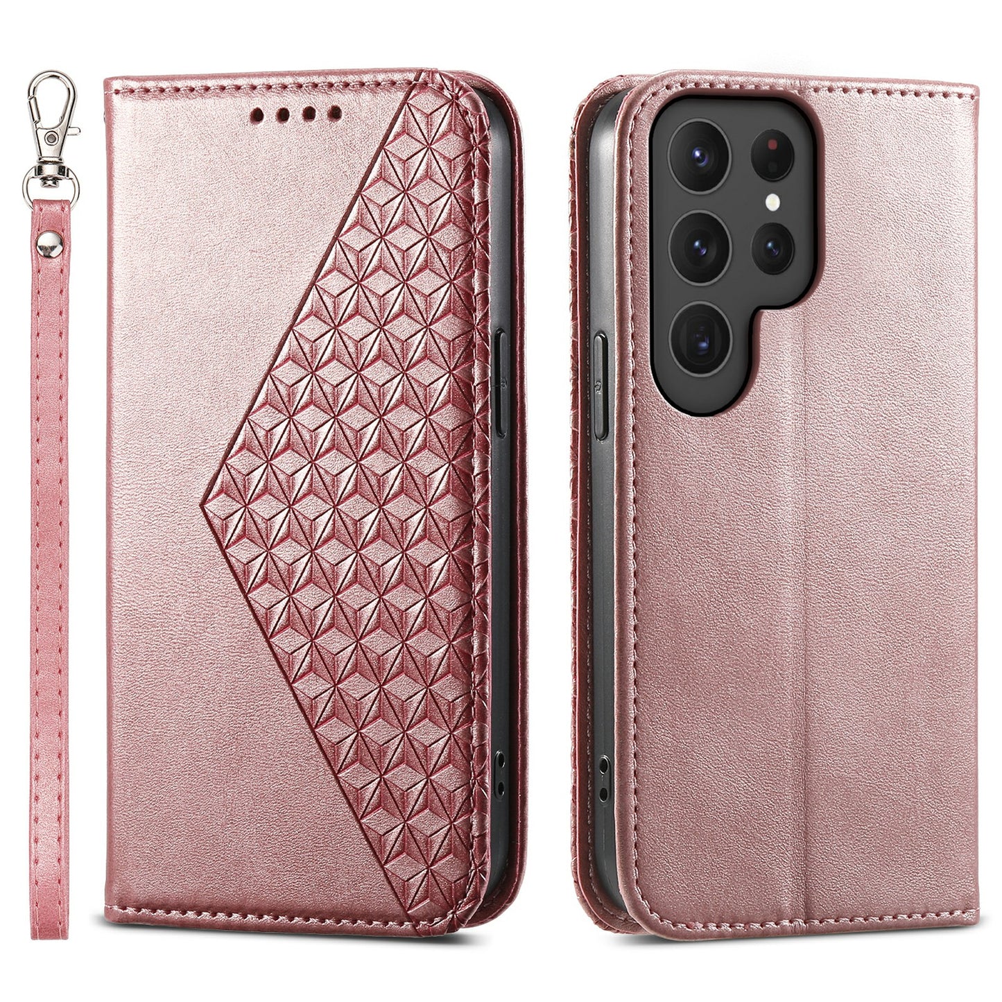 For Samsung Galaxy S24 Ultra Case Imprinted PU Leather+TPU Cell Phone Wallet Cover - Rose Gold