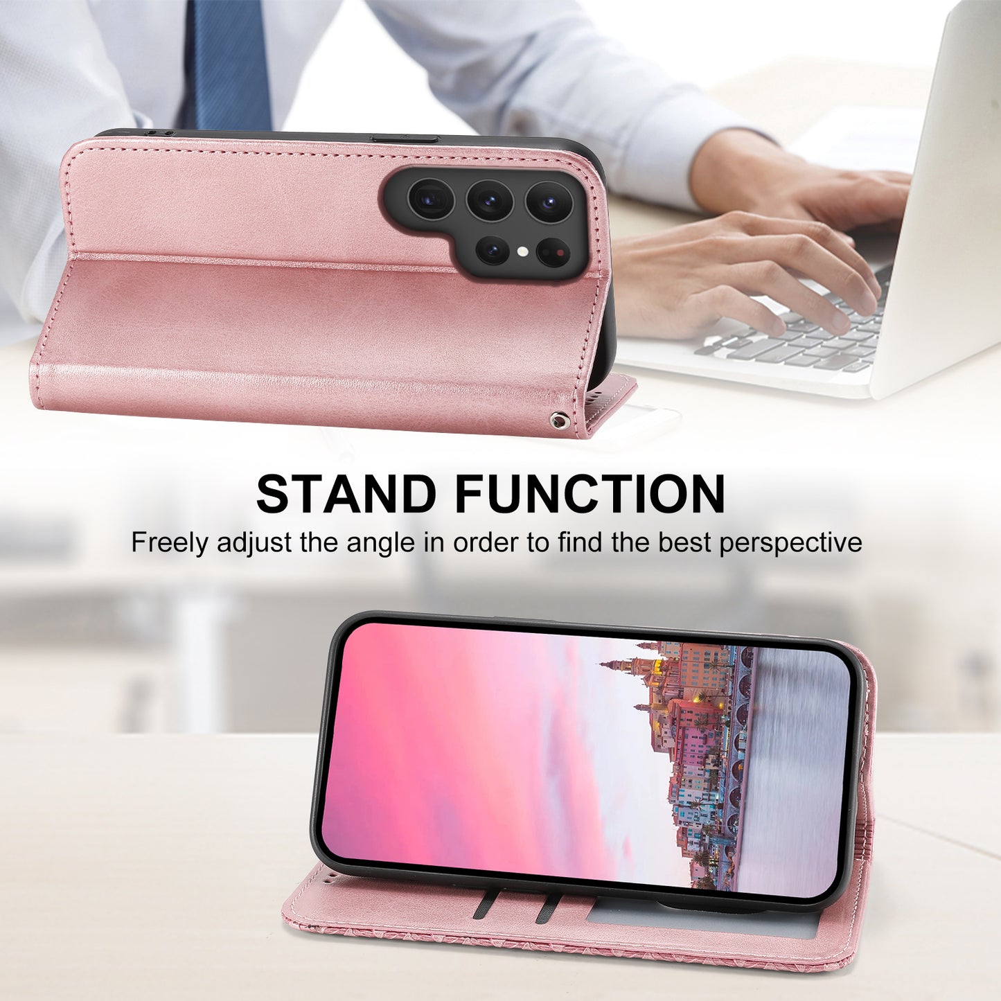 For Samsung Galaxy S24 Ultra Case Imprinted PU Leather+TPU Cell Phone Wallet Cover - Rose Gold