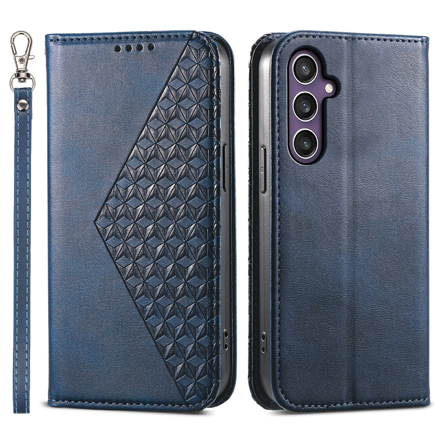 For Samsung Galaxy S24+ Cell Phone Case Calf Texture PU Leather Wallet Cover with Strap - Blue