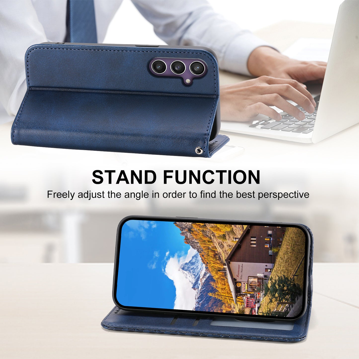 For Samsung Galaxy S24+ Cell Phone Case Calf Texture PU Leather Wallet Cover with Strap - Blue