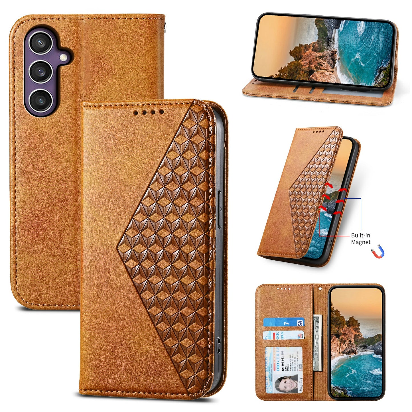 For Samsung Galaxy S24+ Cell Phone Case Calf Texture PU Leather Wallet Cover with Strap - Yellow