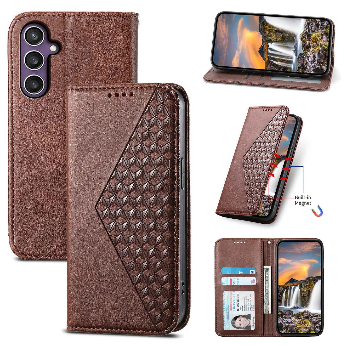 For Samsung Galaxy S24 Case PU Leather Imprinted Smart Phone Protector with Wallet - Brown