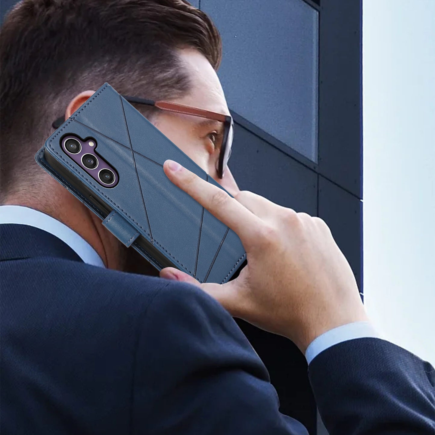 DF-06 For Samsung Galaxy S24 Cell Phone Cases with Strap Imprinted PU Leather Cover - Blue