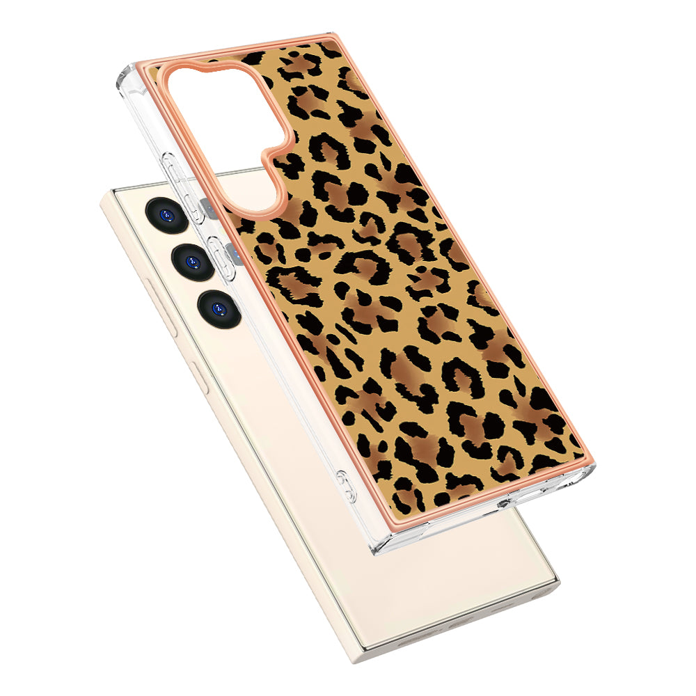 YB IMD Series-19 Style-D For Samsung Galaxy S24 Ultra Phone Case Electroplating Edge 2.0mm TPU Cover - Leopard Print