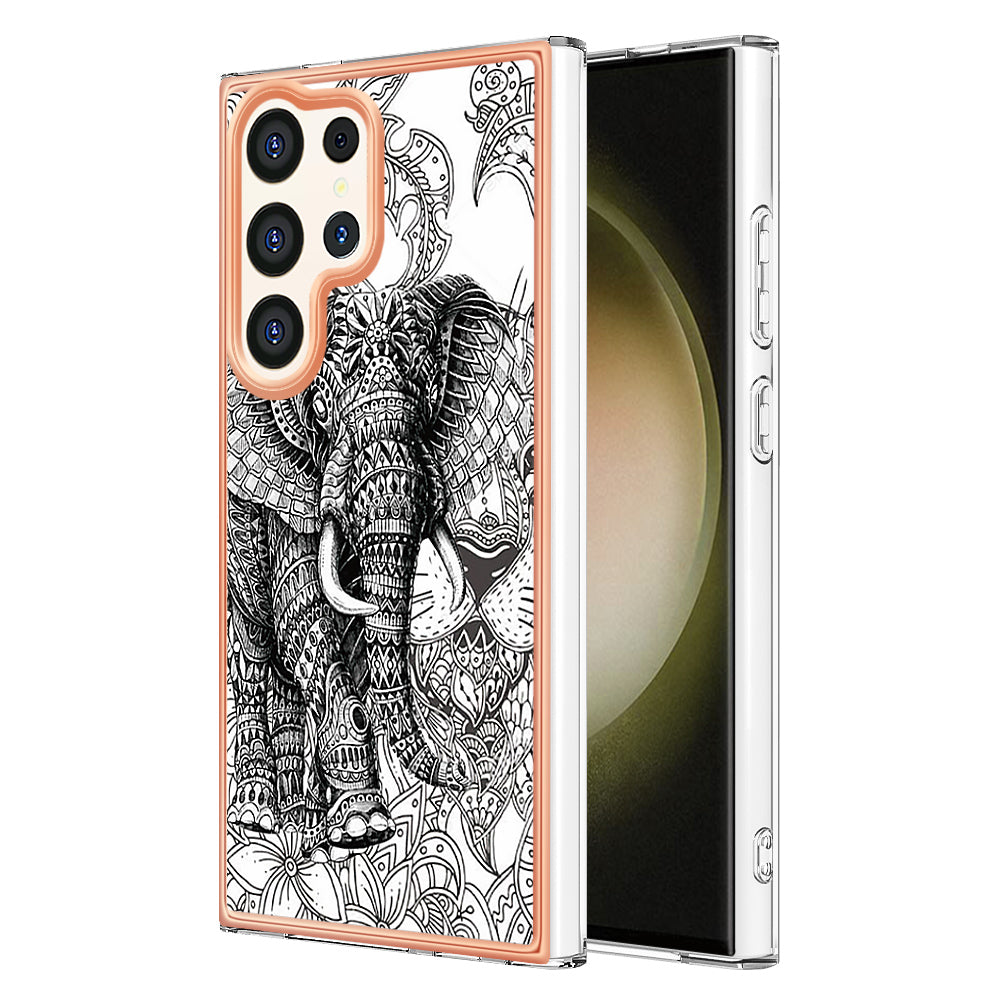 YB IMD Series-19 Style-D For Samsung Galaxy S24 Ultra Phone Case Electroplating Edge 2.0mm TPU Cover - Totem Elephant
