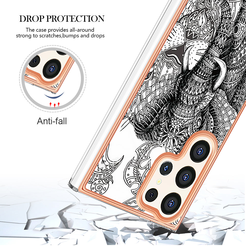 YB IMD Series-19 Style-D For Samsung Galaxy S24 Ultra Phone Case Electroplating Edge 2.0mm TPU Cover - Totem Elephant