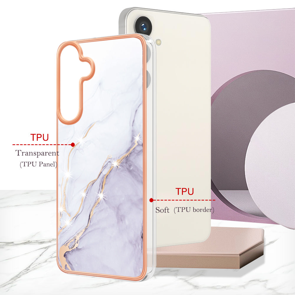 YB IMD Series-2 For Samsung Galaxy S24 Marble Phone Cover Soft TPU Electroplated Case - White 006