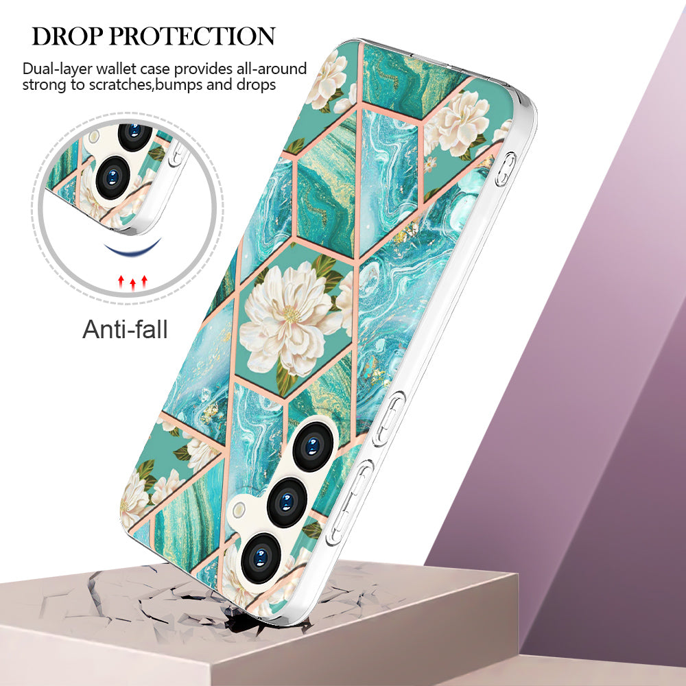 YB IMD Series-1 For Samsung Galaxy S24 Phone Case Pattern TPU Plating Cover - Blue Flowers