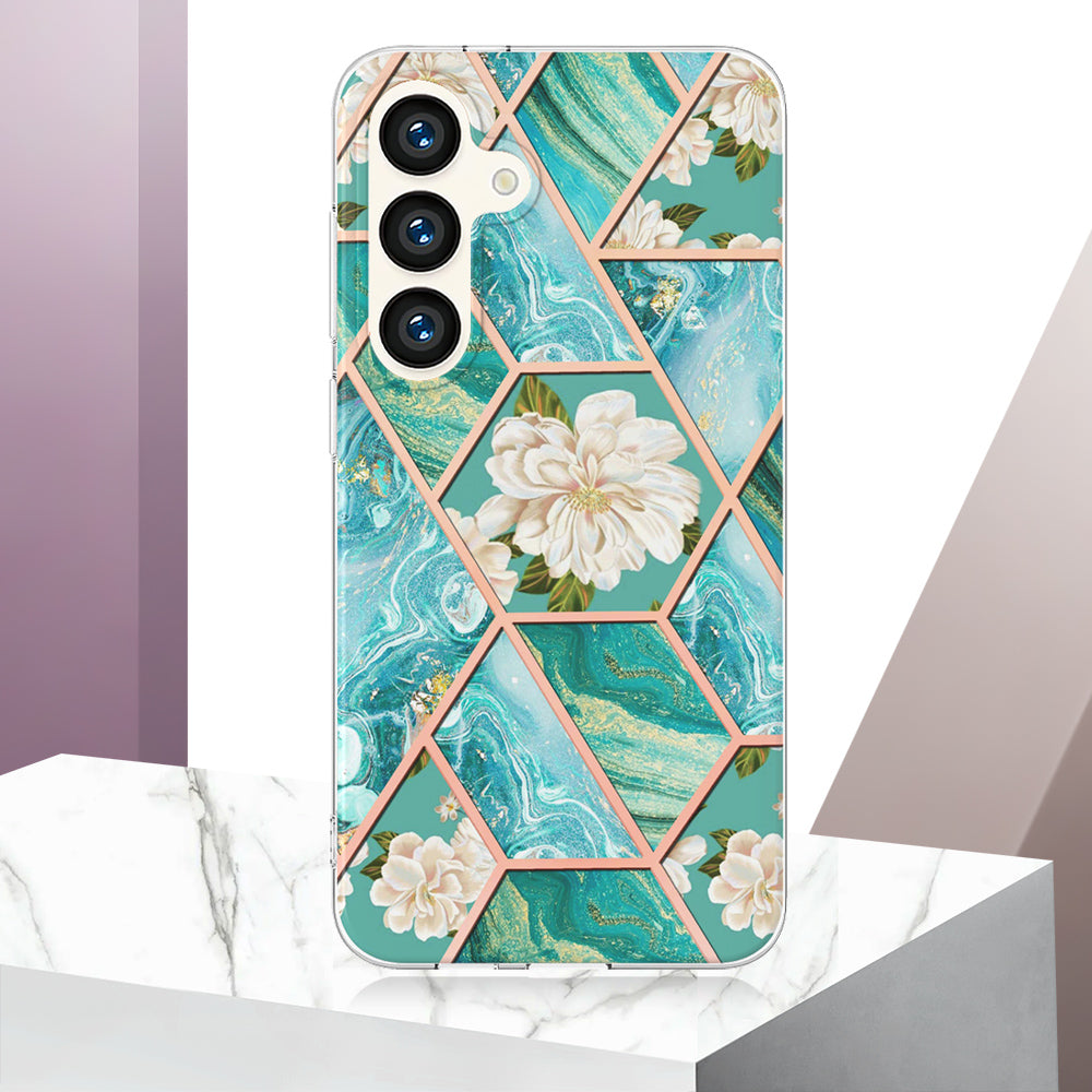 YB IMD Series-1 For Samsung Galaxy S24 Phone Case Pattern TPU Plating Cover - Blue Flowers