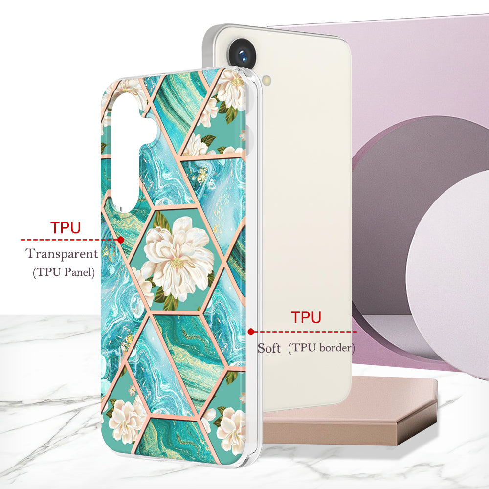 YB IMD Series-1 For Samsung Galaxy S24 Phone Case Pattern TPU Plating Cover - Blue Flowers