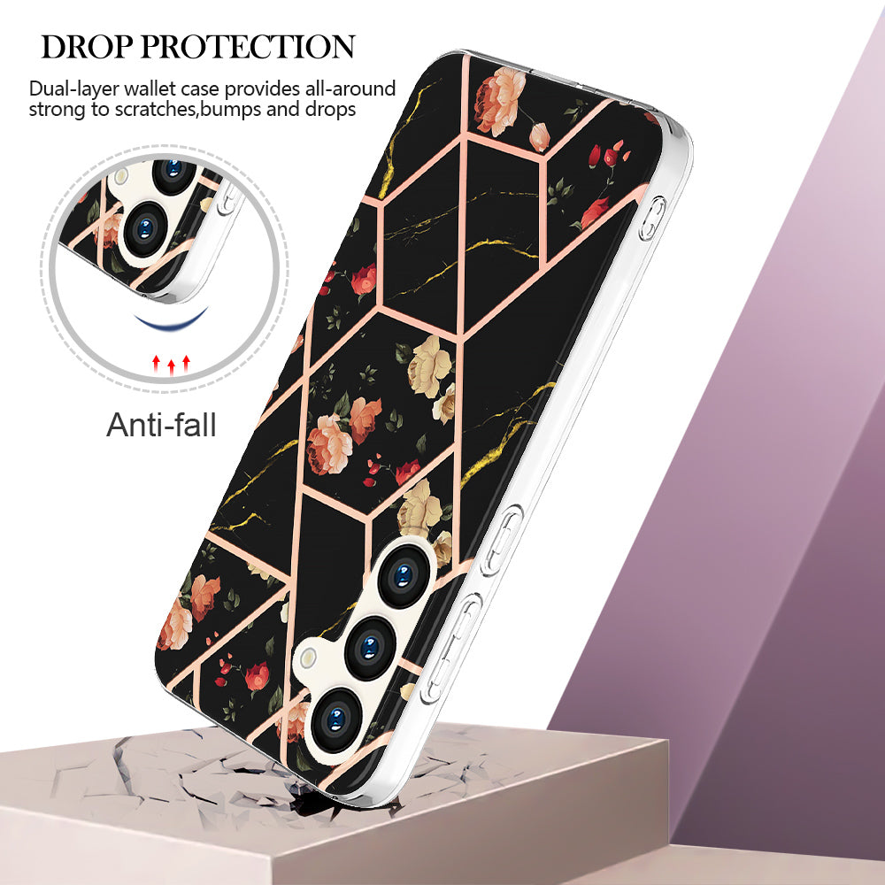 YB IMD Series-1 For Samsung Galaxy S24 Phone Case Pattern TPU Plating Cover - Black Flowers