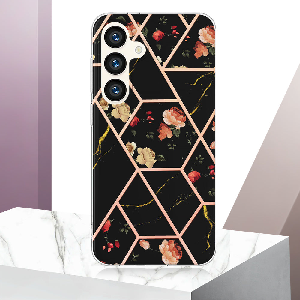 YB IMD Series-1 For Samsung Galaxy S24 Phone Case Pattern TPU Plating Cover - Black Flowers