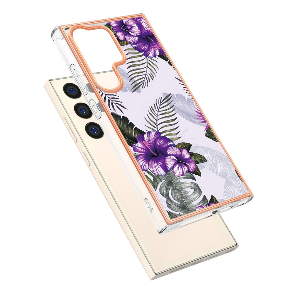 YB IMD Series-1 For Samsung Galaxy S24 Ultra Case Flexible TPU Plating Phone Cover - Purple Flower